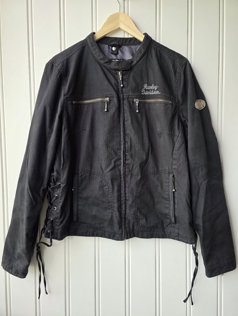 Harley Davidson 2008 Lace Up Biker Motorcycle Bomber Canvas Jacket Womens XL